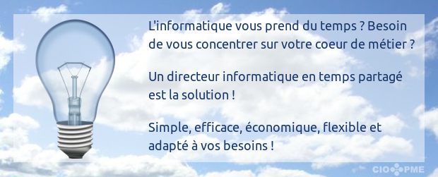 L'informatique vous prend du temps ? Besoin de vous concentrer sur votre coeur de métier ? Un directeur informatique en temps partagé est la solution ! Simple, efficace, économique, flexible et adapté à vos besoins !